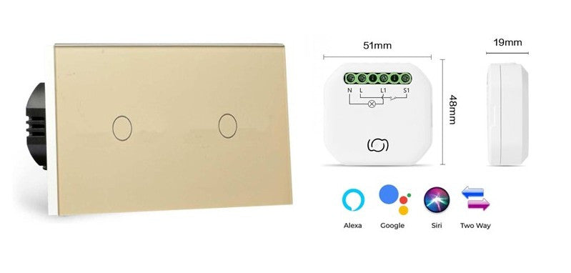 Twin Two Gang Pure Glass Wifi Smart Switch - No Neutral Dimmer Kit - 2 Modules