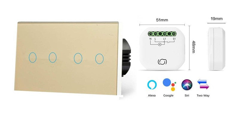 Twin Four Gang Pure Glass Wifi Switch - No Neutral Dimmer Kit - 4 Modules