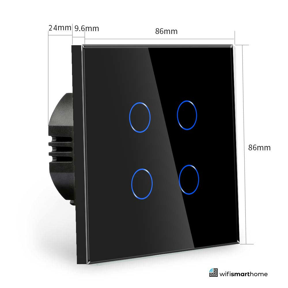 square 4 gang wifi smart switch sizes, fits a standard 25mm UK back box.