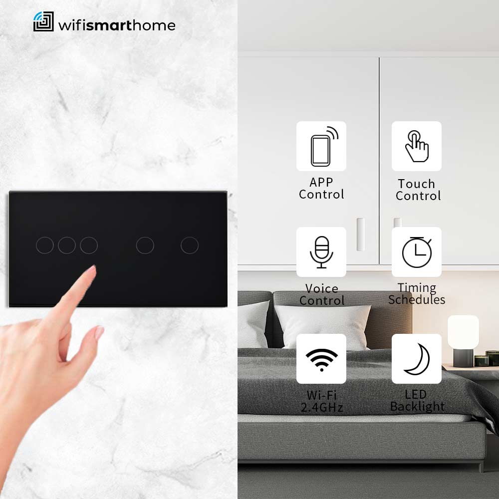 Pure Glass Twin Five Gang Standard light Switch - Non Wifi - Two Way