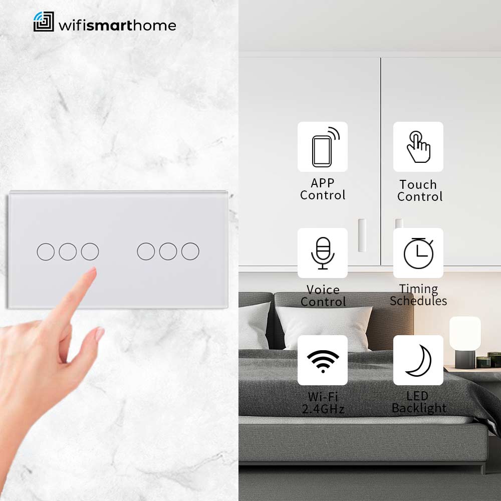 Pure Glass Twin Six Wifi Smart Light Switch - No Neutral or Neutral - Multiple Way