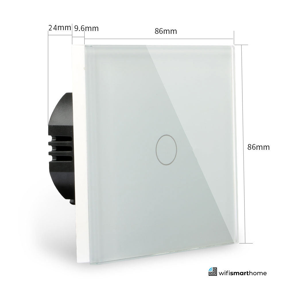 one gang smart wifi switch sizes, toughened glass with measurements for UK 25mm standard back box.