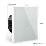 one gang smart wifi switch sizes, toughened glass with measurements for UK 25mm standard back box.