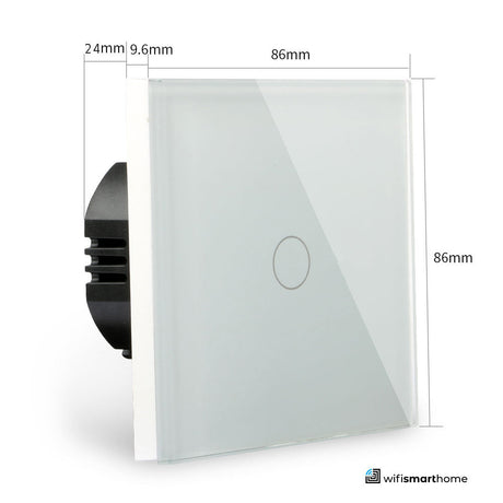 one gang smart wifi switch sizes, toughened glass with measurements for UK 25mm standard back box.