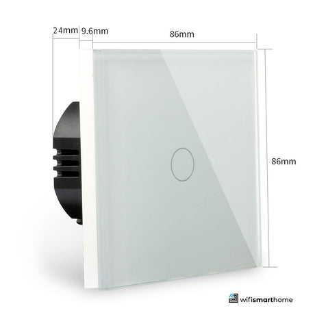 one gang smart wifi switch sizes, toughened glass with measurements for UK 25mm standard back box.