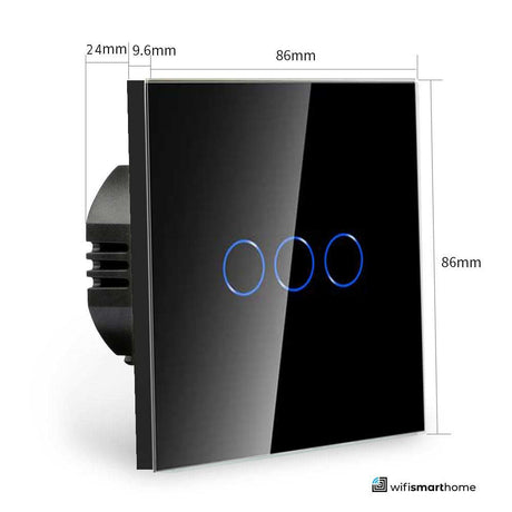 3 button gang smart wifi light switch dimensions, no neutral UK back box fit.