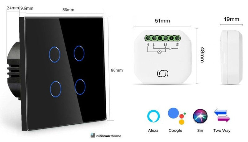 Four Gang No Neutral Smart Switch with Dimmer Kit