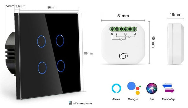 Four Gang No Neutral Smart Switch with Dimmer Kit