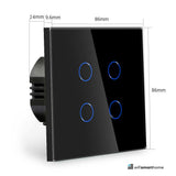 square 4 gang wifi smart switch sizes, fits a standard 25mm UK back box.