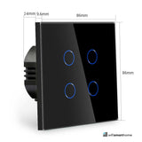square 4 gang wifi smart switch sizes, fits a standard 25mm UK back box.
