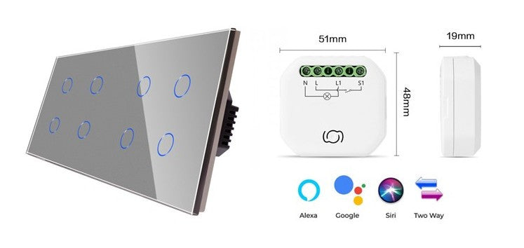 8 Gang Smart Wi-Fi Switch No Neutral Silver with Smart Inline Dimmer