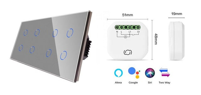 8 Gang Smart Wi-Fi Switch No Neutral Silver with Smart Inline Dimmer